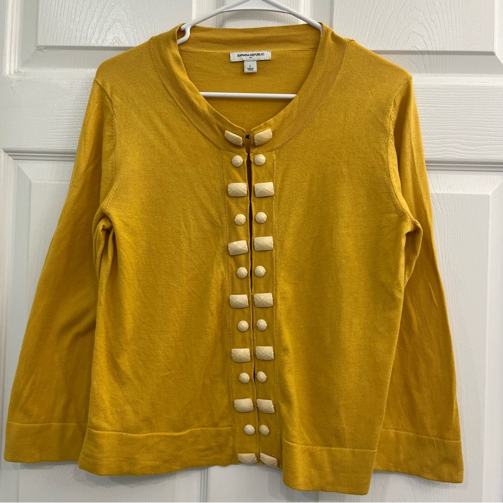 Banana Republic Yellow Beaded Cotton Knit Women's Sweater Cardigan Cottagecore